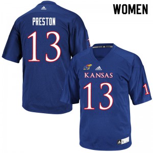 Womens Kansas Jayhawks Jordan Preston #13 NCAA Royal Jersey 155960-529